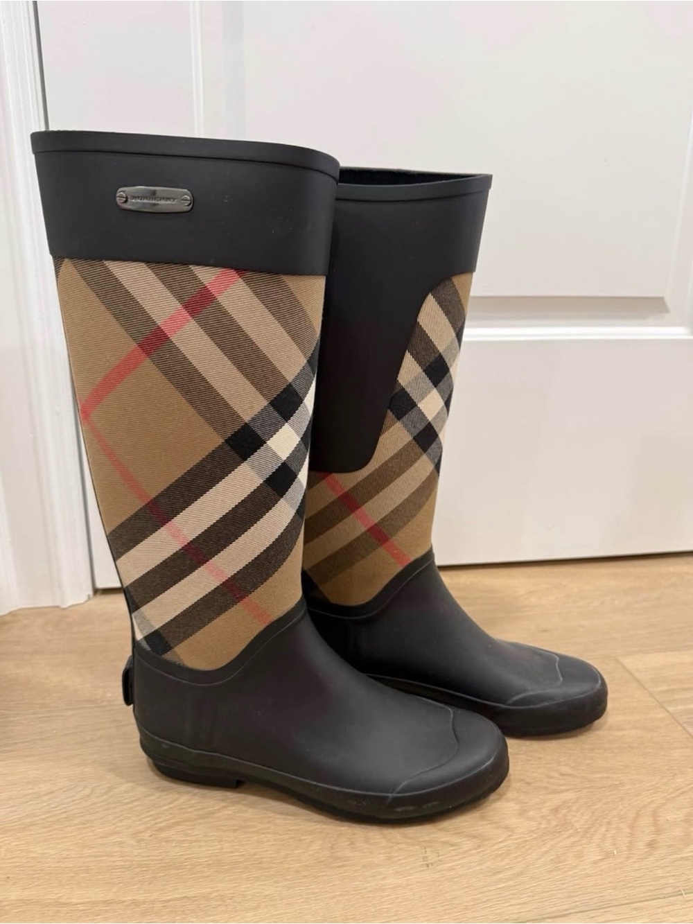 Burberry Black and Beige Nova Check Tall Rain Boots